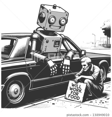 Smiling Robot in Car Beside Homeless Man vector 138949010