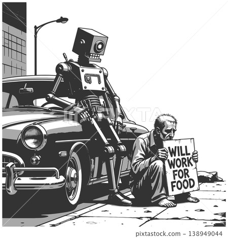 Robot Sitting on Car While Man Begs vector Robot Sitting on Car While Man Begs vector 138949044