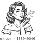 Retro Woman Blowing Kiss With Hearts vector 138949046