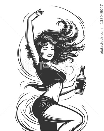 Dancing Woman Holding Bottle Party Illustration Dancing Woman Holding Bottle Party Illustration 138949047