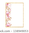 Gold rectangular frame with watercolor pink flowers. Vertical glitter border. Botanical illustration. Hand drawn aesthetic. 138949053