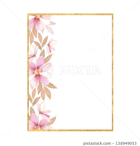 Gold rectangular frame with watercolor pink flowers. Vertical glitter border. Botanical illustration. Hand drawn aesthetic. 138949053