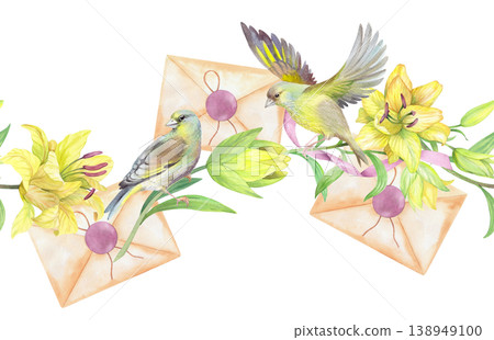 Seamless border of the bird sitting on the lily and flying bird with envelope on a background. Handmade watercolor illustration. For packaging design, cards, cover, prints, product labels and fabric. 138949100