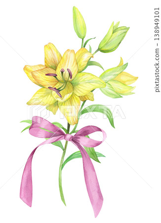 Lily branch with the bow. Handmade watercolor illustration. For packaging design, cards, cover, prints, product labels and fabric. 138949101