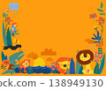 Cute Cartoon Lions With Crocodile and Monkey standing on Sunset in Flowers Frame 138949130