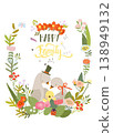 Cute Floral Frame Composed with Cartoon Pigeons Family 138949132