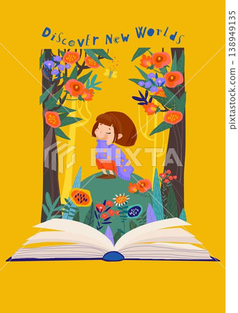Cartoon Illustration with Little Girl and Cute Magical Fairy Tale Kingdom Story Book 138949135