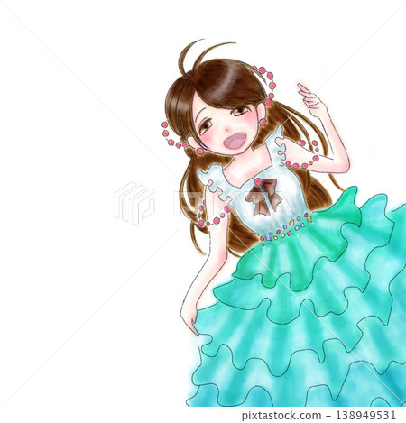 Watercolor-style hand-drawn illustration of a girl in a frilly dress. 138949531