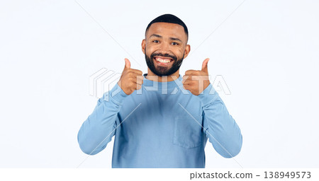 Thumbs up, man and portrait with sign for yes in studio, white background with happiness, support. Thank you, hands and person smile for success, agreement or positive emoji with achievement of goal Thumbs up, man and portrait with sign for yes in studio, white background with happiness, support. Thank you, hands and person smile for success, agreement or positive emoji with achievement of goal 138949573
