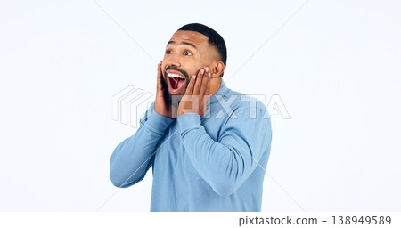 News, announcement and man with surprise on face in studio, white background or mockup space. Wow, emoji and excited or happy person with secret, drama or hearing crazy information on promotion News, announcement and man with surprise on face in studio, white background or mockup space. Wow, emoji and excited or happy person with secret, drama or hearing crazy information on promotion 138949589