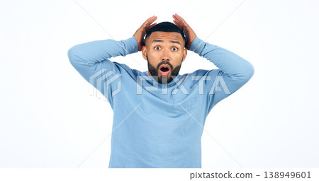 Shock, emoji and portrait of man in a studio with wow, omg or wtf facial expression for news. Amazing, surprise and face of young ale person from Colombia with crazy face isolated by white background 138949601