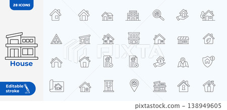 House line icons set, 28 Editable stroke vector icons, House outline icon set. 138949605
