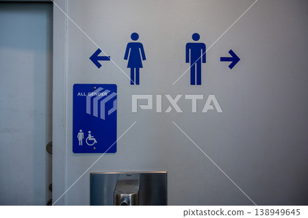 New york, usa august 15,2024. All gender restroom sign with male and female icons on wall, promoting accessibility, inclusivity and equal use public facilities 138949645