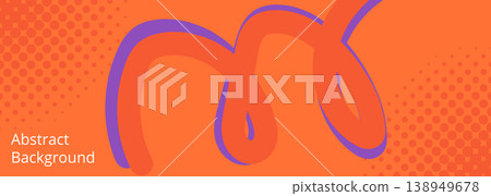Playful brush squiggle on orange field, abstract background with halftone dots and bold purple stroke retro pop art energy suited for youth campaigns, social posts, and creative packaging. 138949678
