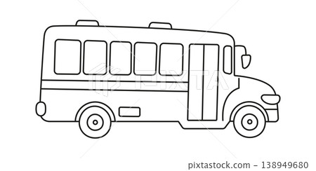Cute school bus icon, black and white outline vector illustration for kids coloring page. Children transport and education, cartoon line art drawing, isolated clipart on white background 138949680