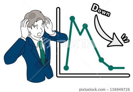 An illustration of a businessman holding his head in his hands over a graph showing declining sales. An illustration of a businessman holding his head in his hands over a graph showing declining sales. 138949726