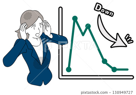 An illustration of a businesswoman holding her head in her hands while looking at a declining graph. An illustration of a businesswoman holding her head in her hands while looking at a declining graph. 138949727