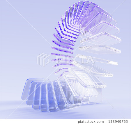 Hologram glass loop line render art, graphic circular array effect. Dynamic flow of transparent square shapes with purple gradient. Abstract curve wave line on light blue background. 3D illustration Hologram glass loop line render art, graphic circular array effect. Dynamic flow of transparent square shapes with purple gradient. Abstract curve wave line on light blue background. 3D illustration 138949763