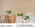 Eco-friendly tableware and reusable bag on wooden surface 138949981