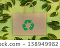 Recycled paper bag with eco friendly symbol on green background 138949982