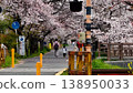 A sidewalk lined with cherry trees and a parent and child 138950033