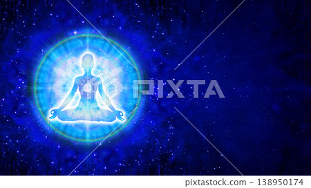 Meditation image of a blue universe and the Flower of Life - background material (copy space on the right) 138950174