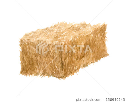 A watercolor illustration of a rectangular hay bale in natural colors 138950243