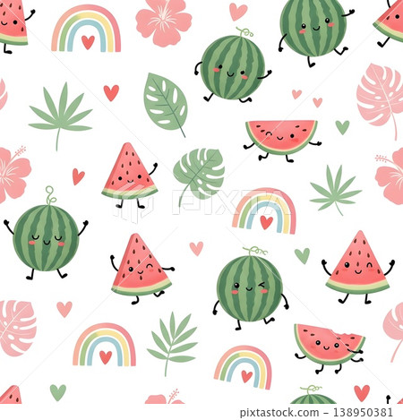 Happy Watermelon Summer Pattern with Tropical Leaves and Rainbows 138950381