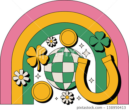 Lucky Horseshoe with Rainbow Coins and Clover Illustration	 138950413