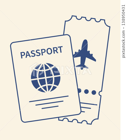 Passport and airplane ticket illustration in minimal line style travel concept with boarding pass and identity document tourism flat vector design Mediterranean blue palette isolated background Passport and airplane ticket illustration in minimal line style travel concept with boarding pass and identity document tourism flat vector design Mediterranean blue palette isolated background 138950431