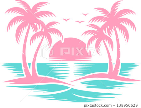Tropical Sunset with Palm Trees and Ocean Illustration Tropical Sunset with Palm Trees and Ocean Illustration 138950629