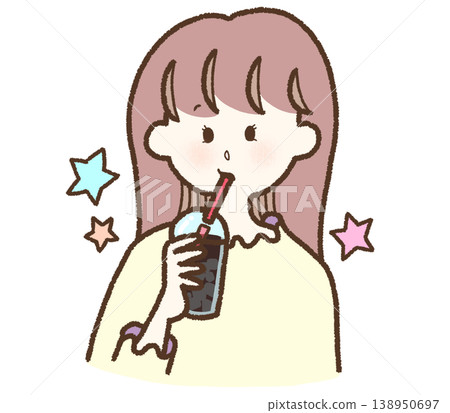 Illustration of a girl drinking bubble tea, with sparkling stars, in a hand-drawn style, in a cafe setting, against a white background. 138950697