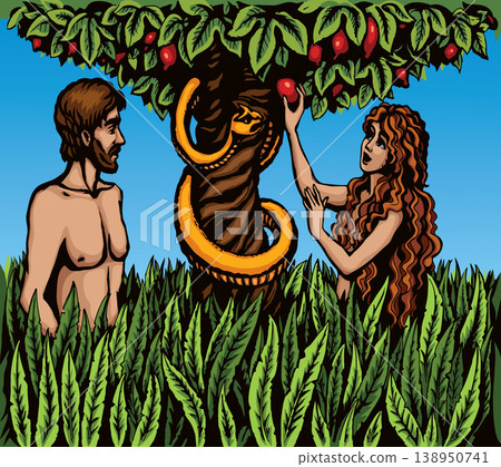 Vector drawing. Adam and Eve at the tree 138950741