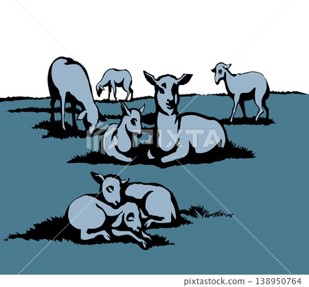 Vector drawing. Small sheeps lay at the field 138950764