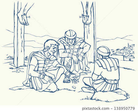 Vector drawing. Soldiers at the cross. 138950779