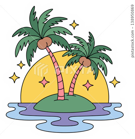 Tropical Island with Palm Trees Sunset Cartoon Illustration	 138950869