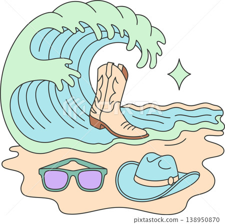 Cowboy Boots on Beach with Wave Summer Western Illustration Cowboy Boots on Beach with Wave Summer Western Illustration 138950870