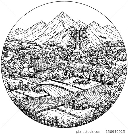 Circular Farm Valley Landscape Sketch with Barn Mountains Waterfall and Fields Circular Farm Valley Landscape Sketch with Barn Mountains Waterfall and Fields 138950925