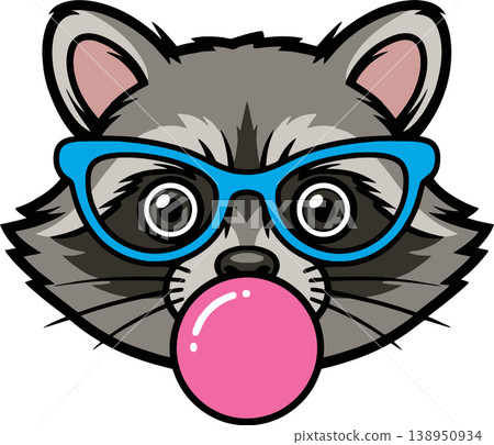 Raccoon with Glasses Blowing Bubblegum Illustration Raccoon with Glasses Blowing Bubblegum Illustration 138950934