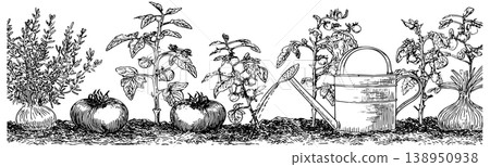 Vegetable Garden Border Sketch with Tomatoes Herbs Watering Can and Growing Plants Vegetable Garden Border Sketch with Tomatoes Herbs Watering Can and Growing Plants 138950938