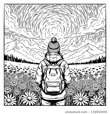 Hiker with Backpack Standing in Flower Field Facing Mountains Coloring Page Illustration Hiker with Backpack Standing in Flower Field Facing Mountains Coloring Page Illustration 138950945