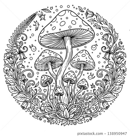 Fantasy Mushroom Circle with Flowers Leaves and Tiny Creatures Mandala Coloring Sketch Fantasy Mushroom Circle with Flowers Leaves and Tiny Creatures Mandala Coloring Sketch 138950947