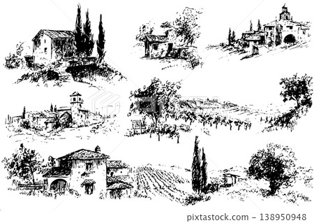 Tuscan Countryside Vignette Collection Sketch with Villas Cypress and Vineyard Scenes Tuscan Countryside Vignette Collection Sketch with Villas Cypress and Vineyard Scenes 138950948