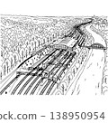 Aerial View Train Station with Multiple Tracks Forest and Highway Ink Sketch 138950954