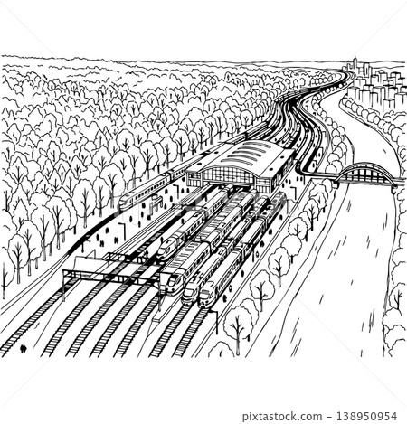 Aerial View Train Station with Multiple Tracks Forest and Highway Ink Sketch Aerial View Train Station with Multiple Tracks Forest and Highway Ink Sketch 138950954