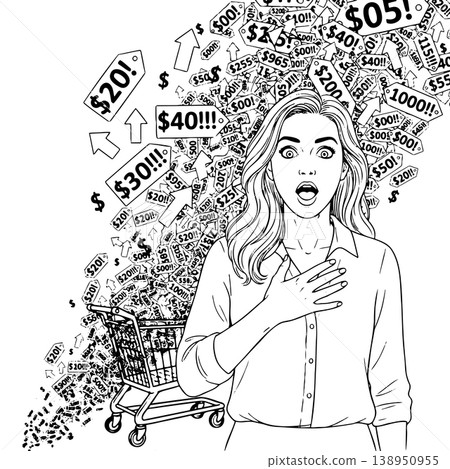 Shocked Woman with Shopping Cart and Rising Price Tags Inflation Concept Sketch 138950955