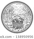 Mushroom Basket in Forest Clearing with Mountain Backdrop Circular Coloring Page Sketch 138950956