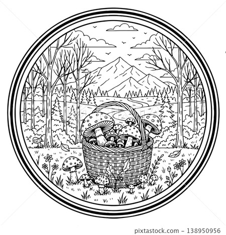 Mushroom Basket in Forest Clearing with Mountain Backdrop Circular Coloring Page Sketch Mushroom Basket in Forest Clearing with Mountain Backdrop Circular Coloring Page Sketch 138950956