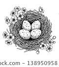 Bird Nest with Speckled Eggs and Cherry Blossom Branches Botanical Ink Sketch 138950958
