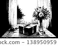 Gift Box with Flower Bouquet on Window Sill Ink Sketch Still Life Illustration 138950959
